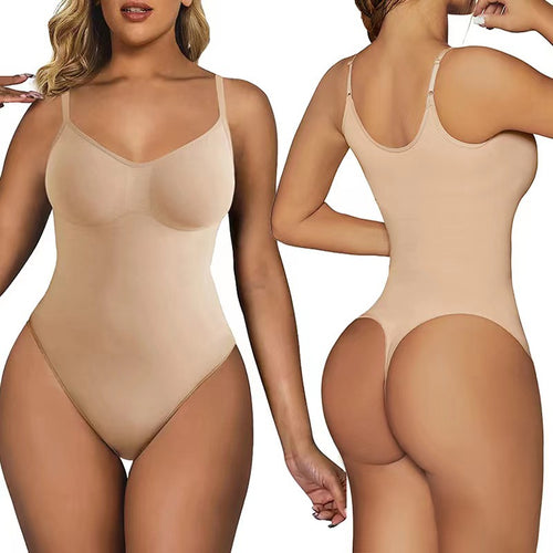 Curvelux seamless shapewear bodysuit tummy control beige front  and side profile view