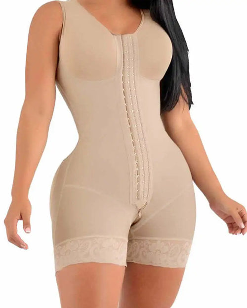 Curvelux seamless zipper shapewear shorts beige front view tummy control