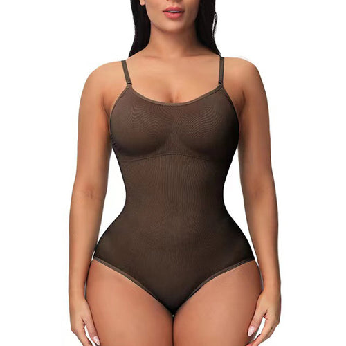 Curvelux seamless shapewear bodysuit brown front profile view tummy control